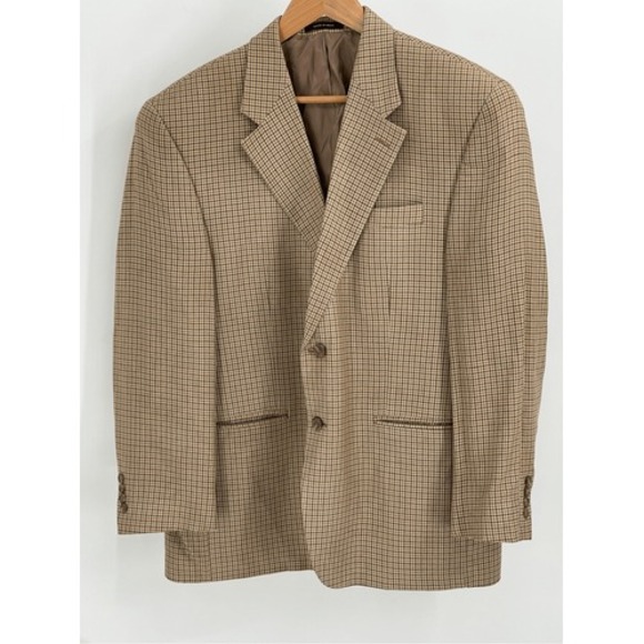 Izod Silk Blazer Sport Coat Suit‎ Jacket Men 43 R Houndstooth Tan Beige Brown